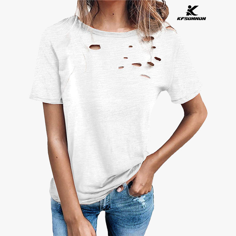 KFSUNNUN Solid Color Burnt Round Neck Short-Sleeved T-Shirts Women'S Top