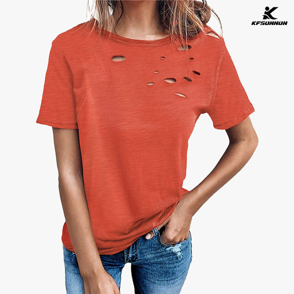 KFSUNNUN Solid Color Burnt Round Neck Short-Sleeved T-Shirts Women'S Top