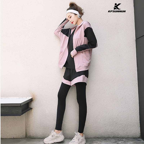 KFSUNNUN 5 Pieces Women Workout Outfits Athletic Sets Sport Suits Yoga Gym Fitness Exercise Clothes Jogging Tracksuits