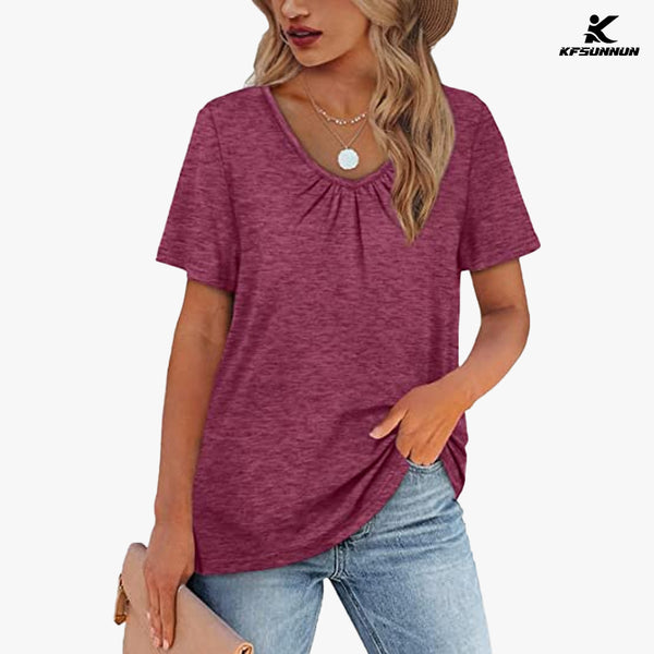 KFSUNNUN Women's Shirred V-Neck T-Shirts Short-Sleeve Casual Summer Tops