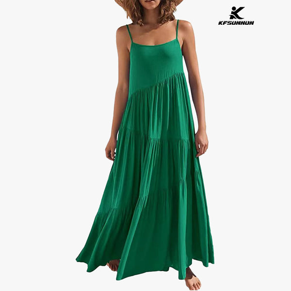 KFSUNNUN Women’s Summer Casual Loose Sleeveless Spaghetti Strap Asymmetric Tiered Beach Maxi Long Dress