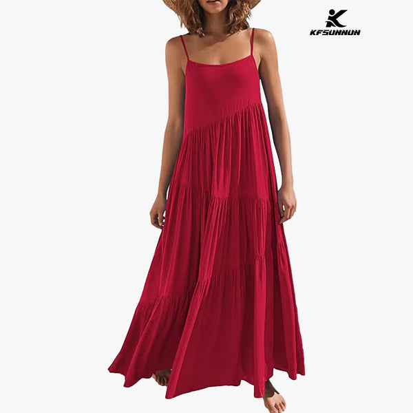 KFSUNNUN Women’s Summer Casual Loose Sleeveless Spaghetti Strap Asymmetric Tiered Beach Maxi Long Dress