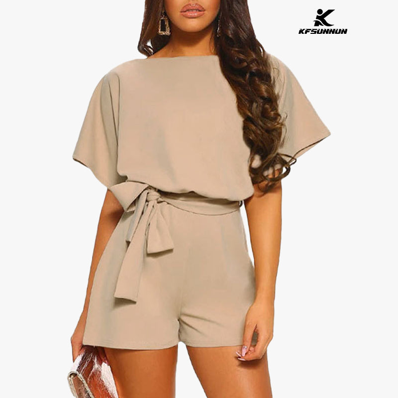 KFSUNNUN Womens Summer Short Sleeve Belted Romper Jumpsuits Wide Leg Short Pants Playsuits