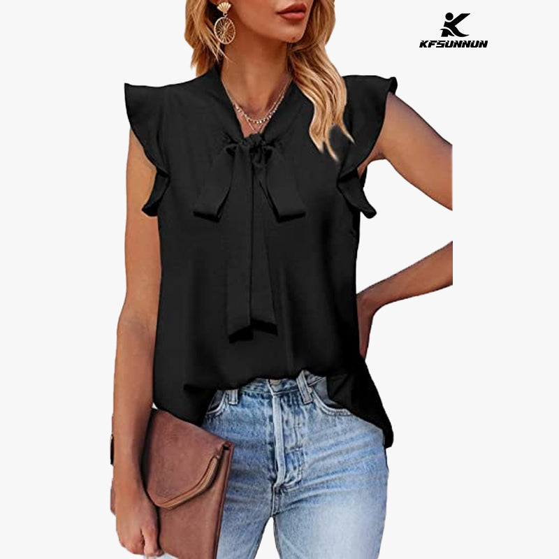 KFSUNNUN Womens Tie Neck Chiffon Blouses Summer Causal Ruffle Trim Sleeveless Tops T-Shirts