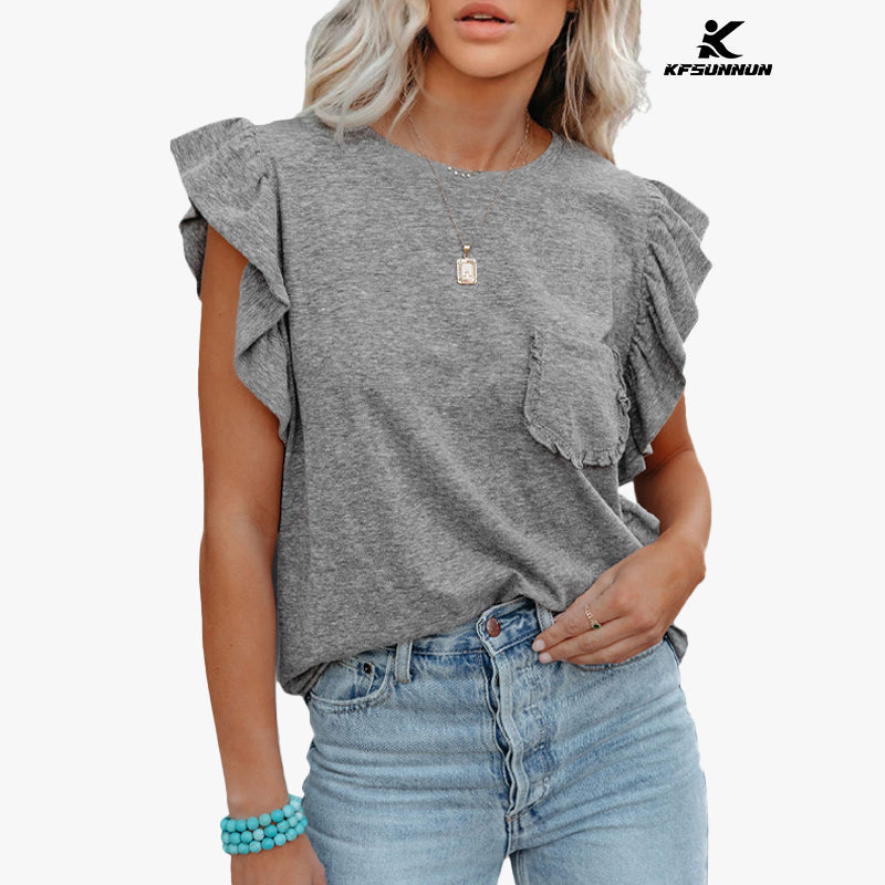 KFSUNNUN Women's Summer Sleeveless Tops Casual Loose Ruffle T-Shirts Tank Tops