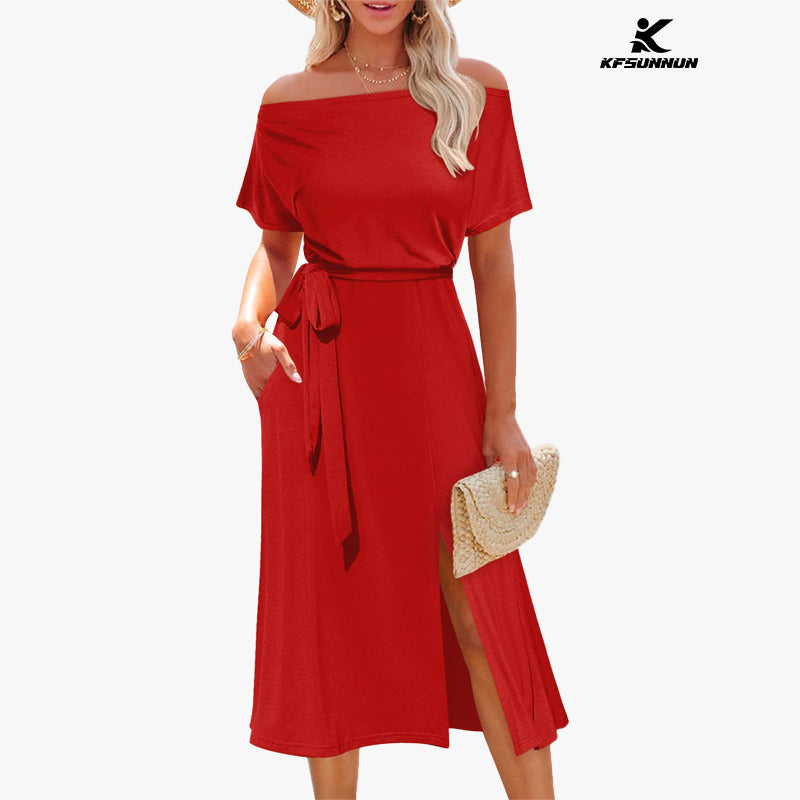 KFSUNNUN Women's Summer Dress Off Shoulder Short Sleeve Tie Waist Split Midi Dress