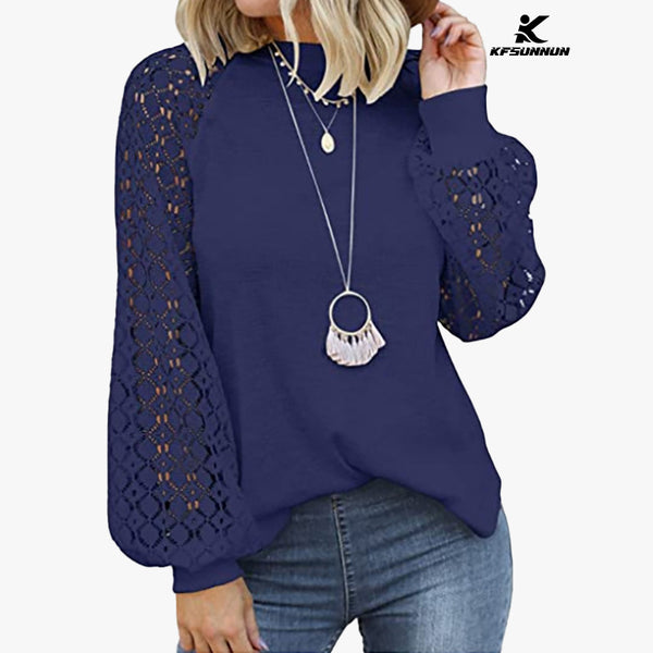 KFSUNNUN Women’s Long Sleeve Tops Lace Casual Loose Blouses T-Shirts