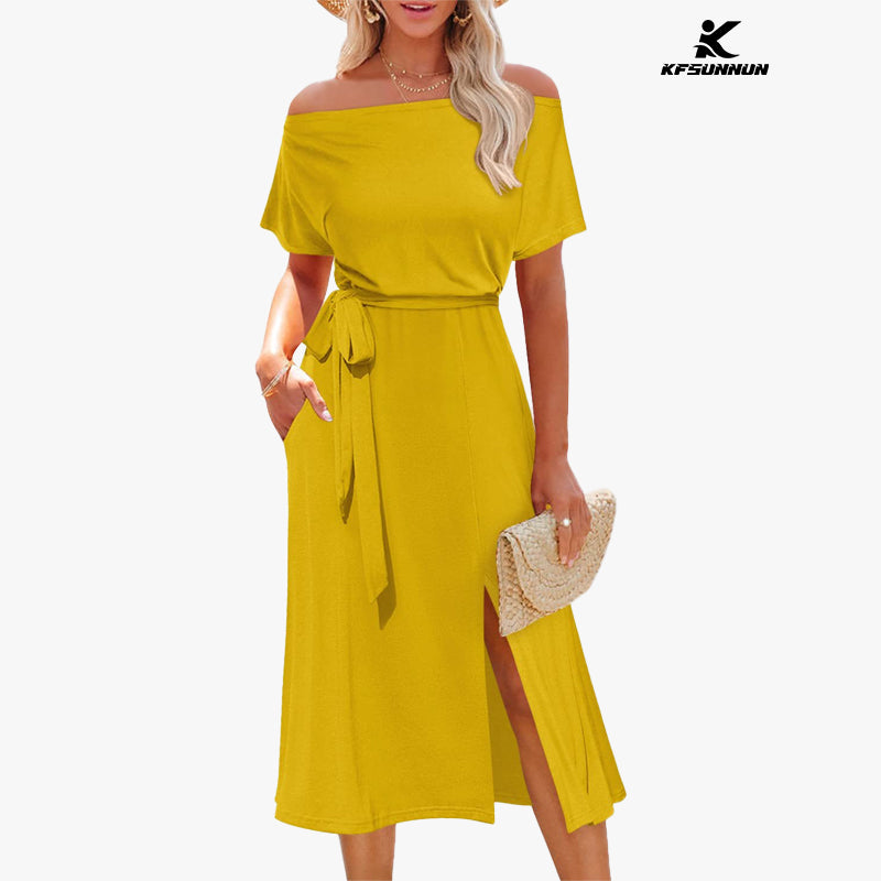 KFSUNNUN Women's Summer Dress Off Shoulder Short Sleeve Tie Waist Split Midi Dress