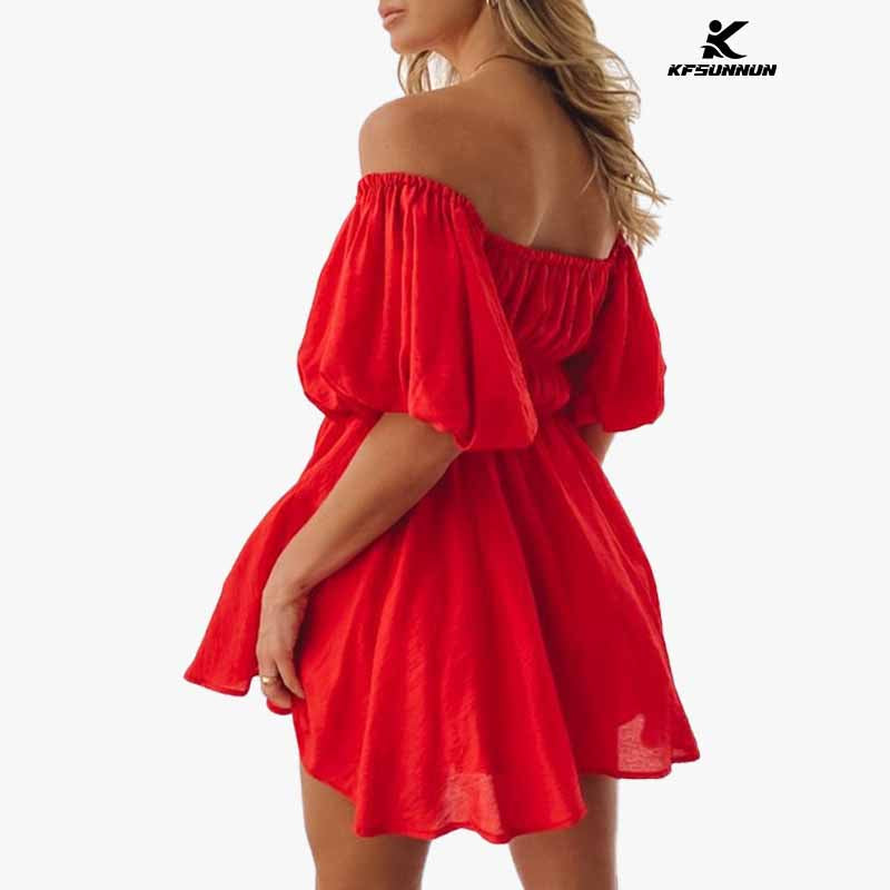 KFSUNNUN Womens Off Shoulder Summer Dresses Short Lantern Sleeve Ruffle Elastic Waist A-Line Casual Mini Dress