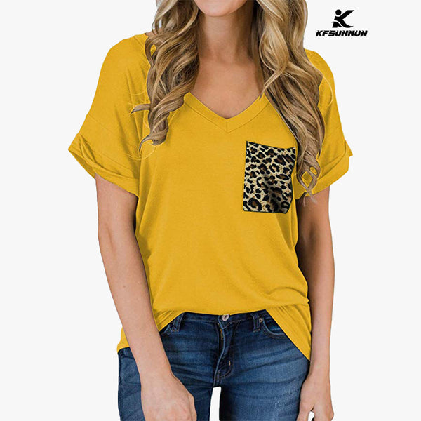 KFSUNNUN Women's Short Sleeve V-Neck Leopard Print Pocket Shirts Loose Casual Tee T-Shirts