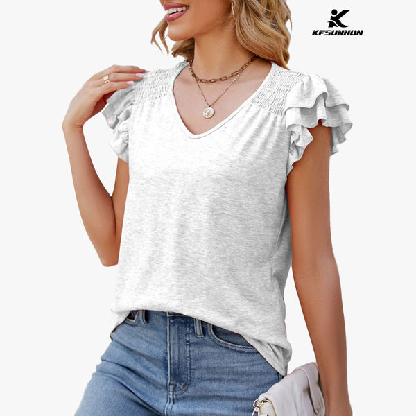 KFSUNNUN  Women's Summer Top V Neck Ruffle Short Sleeve Casual Loose Tee T-Shirts