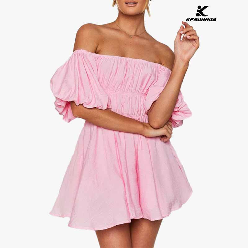 KFSUNNUN Womens Off Shoulder Summer Dresses Short Lantern Sleeve Ruffle Elastic Waist A-Line Casual Mini Dress