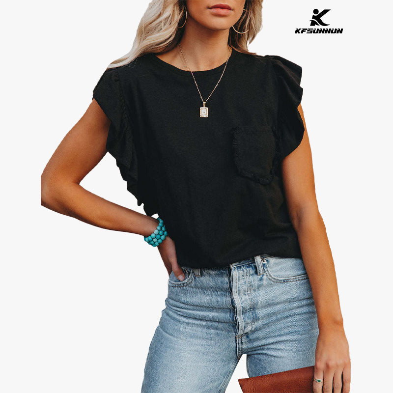 KFSUNNUN Women's Summer Sleeveless Tops Casual Loose Ruffle T-Shirts Tank Tops