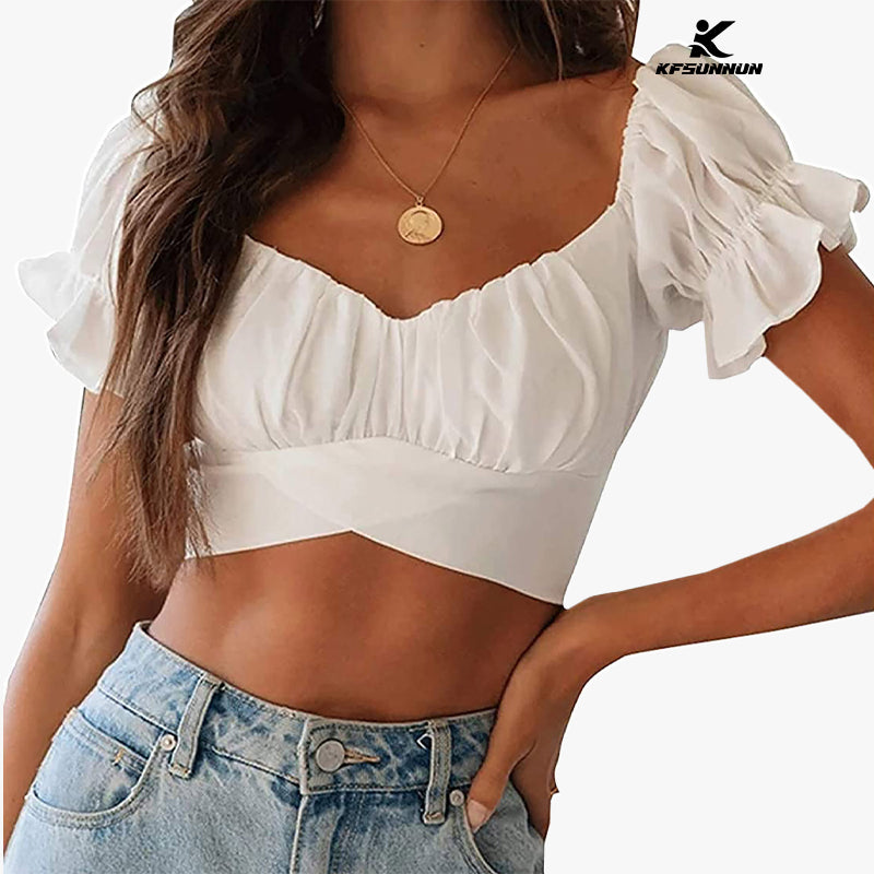 KFSUNNUN  Women's Ruffle Short Sleeve Tie Up Back Crop Top Off Shoulder Bardot Blouse