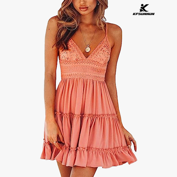 KFSUNNUN Womens V-Neck Spaghetti Strap Bowknot Backless Sleeveless Lace Mini Swing Skater Dress