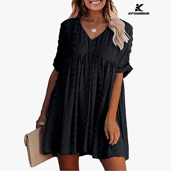 KFSUNNUN Women's Summer Mini Dress Casual Short Sleeve V Neck Swiss Dot Dress Flowy A Line Babydoll Short Dresses