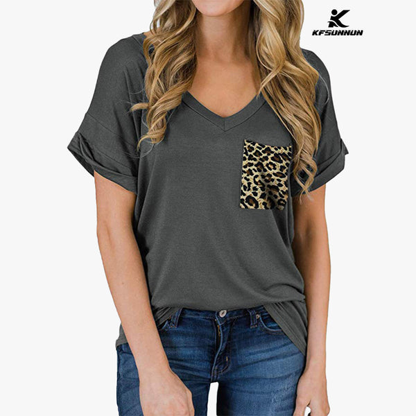 KFSUNNUN Women's Short Sleeve V-Neck Leopard Print Pocket Shirts Loose Casual Tee T-Shirts