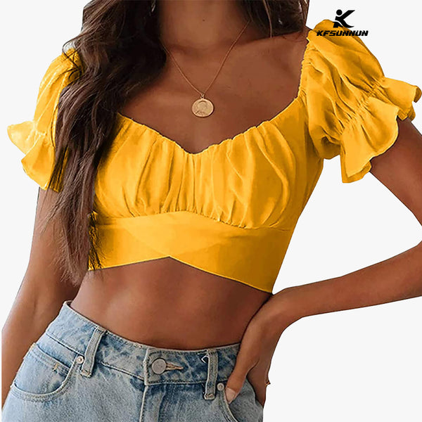 KFSUNNUN  Women's Ruffle Short Sleeve Tie Up Back Crop Top Off Shoulder Bardot Blouse