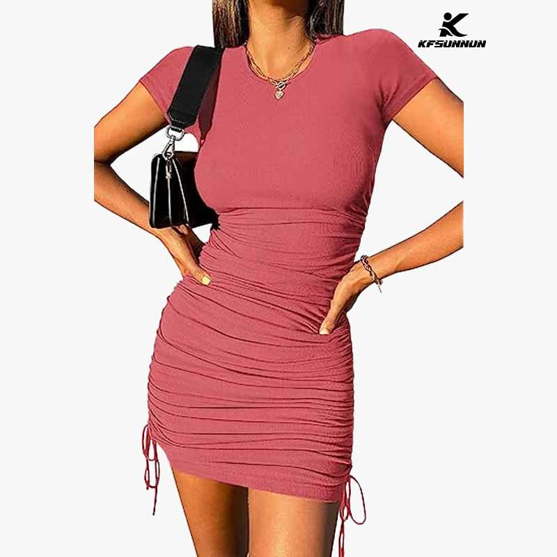 KFSUNNUN Women's Short Sleeve Summer Ruched Bodycon Mini Dress Side Drawstring Clubwear Casual Dresses