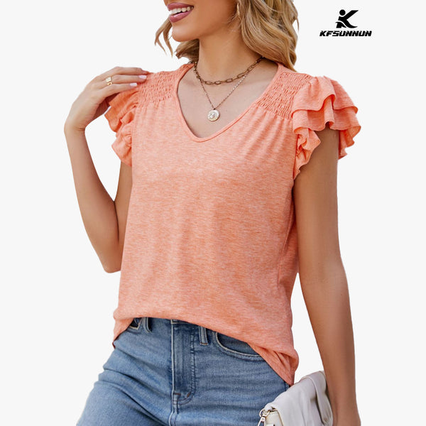 KFSUNNUN  Women's Summer Top V Neck Ruffle Short Sleeve Casual Loose Tee T-Shirts