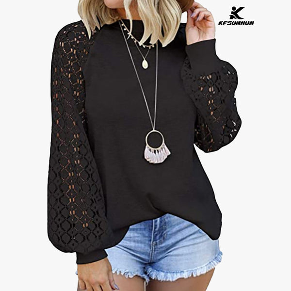 KFSUNNUN Women’s Long Sleeve Tops Lace Casual Loose Blouses T-Shirts