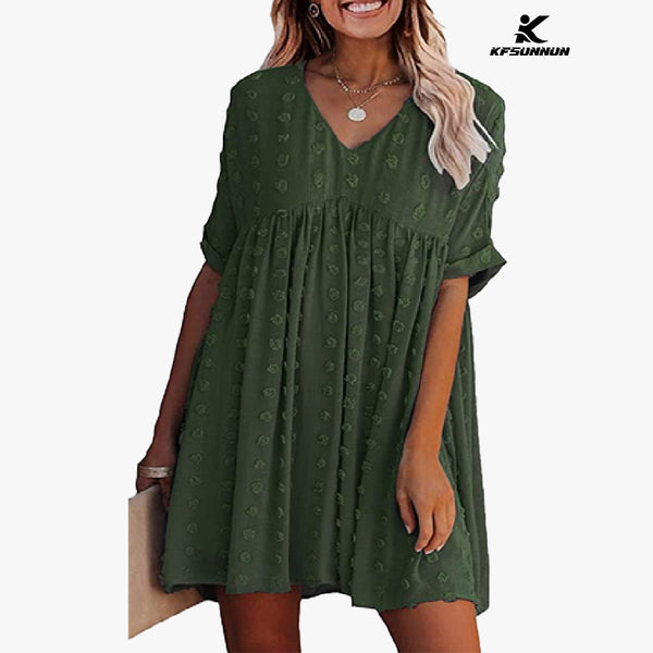 KFSUNNUN Women's Summer Mini Dress Casual Short Sleeve V Neck Swiss Dot Dress Flowy A Line Babydoll Short Dresses