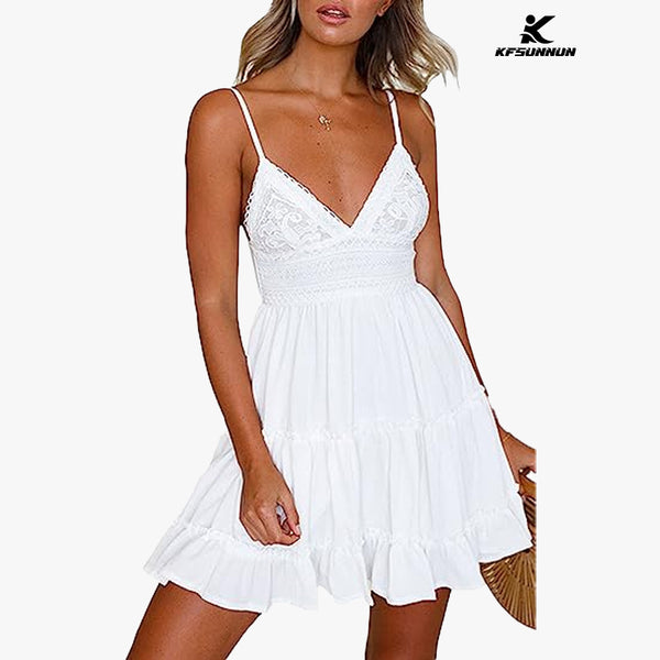 KFSUNNUN Womens V-Neck Spaghetti Strap Bowknot Backless Sleeveless Lace Mini Swing Skater Dress