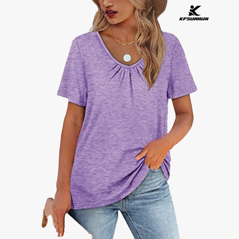 KFSUNNUN Women's Shirred V-Neck T-Shirts Short-Sleeve Casual Summer Tops