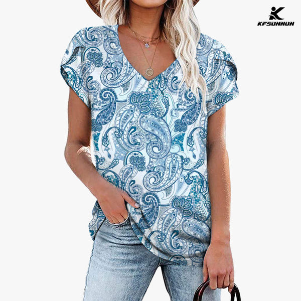 KFSUNNUN Womens Tops V Neck Summer Petal Sleeve Casual T-Shirts