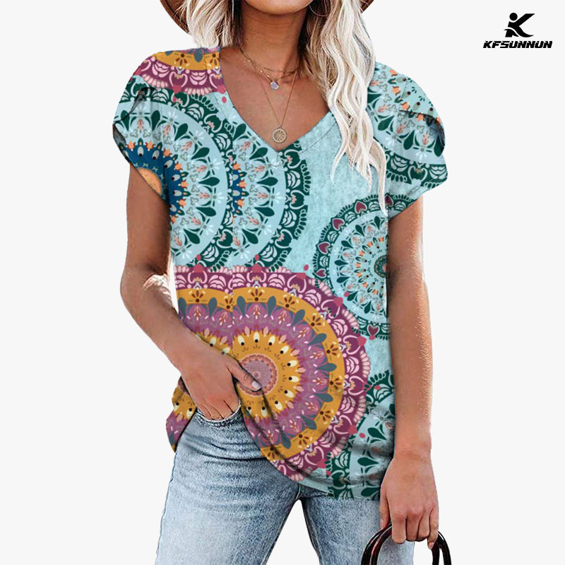 KFSUNNUN Womens Tops V Neck Summer Petal Sleeve Casual T-Shirts