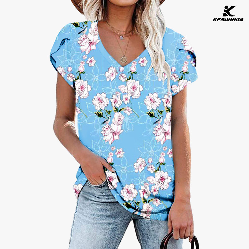 KFSUNNUN Womens Tops V Neck Summer Petal Sleeve Casual T-Shirts