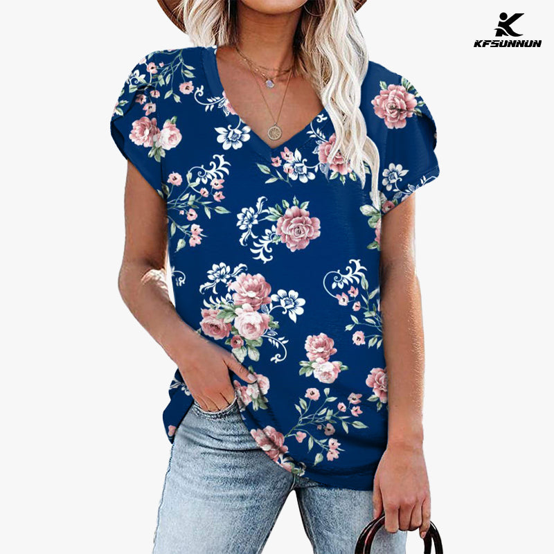 KFSUNNUN Womens Tops V Neck Summer Petal Sleeve Casual T-Shirts