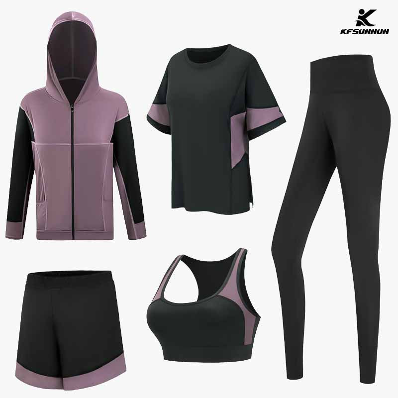 KFSUNNUN 5 Pieces Women Workout Outfits Athletic Sets Sport Suits Yoga Gym Fitness Exercise Clothes Jogging Tracksuits