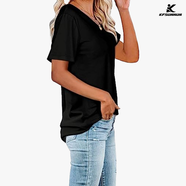 KFSUNNUN Women Summer T-Shirts Short Sleeve Rounded V Neck Pocket Tee Tops