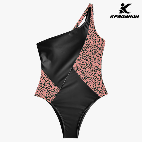 KFSUNNUN Women One Shoulder Swimsuits Color Block Cutout Tummy Control One Piece Bathing Suit