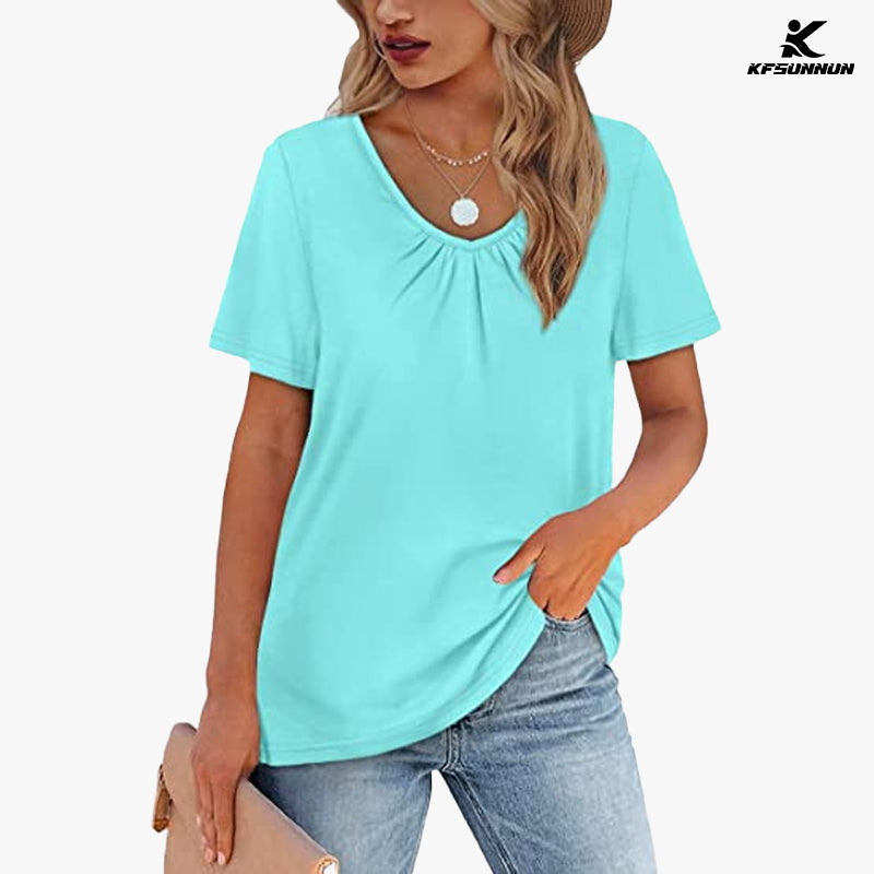 KFSUNNUN Women's Shirred V-Neck T-Shirts Short-Sleeve Casual Summer Tops