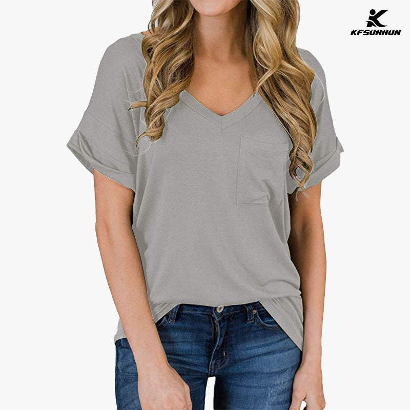 KFSUNNUN Women's Short Sleeve V-Neck Shirts Loose Casual Tee T-Shirts