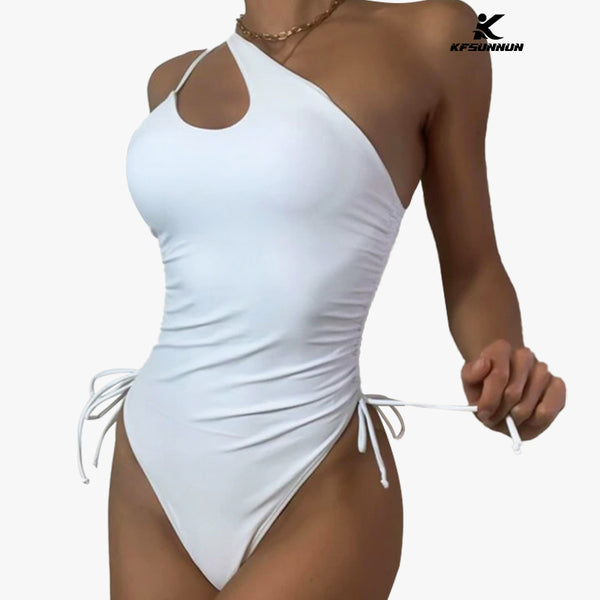 KFSUNNUN Women One Shoulder Swimsuits Color Block Cutout Tummy Control One Piece Bathing Suit