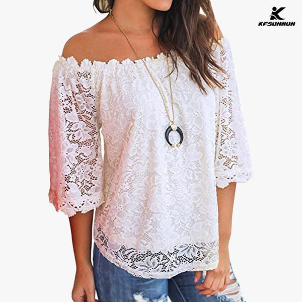 KFSUNNUN Women's Lace Off Shoulder Tops Casual Loose Blouse T-Shirts