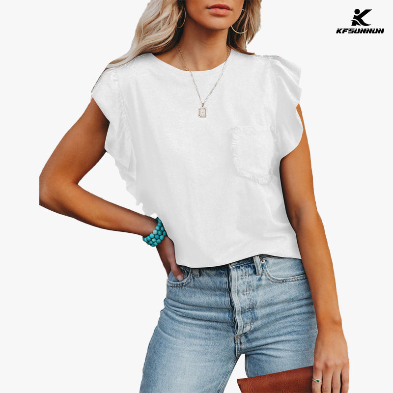 KFSUNNUN Women's Summer Sleeveless Tops Casual Loose Ruffle T-Shirts Tank Tops