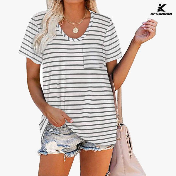 KFSUNNUN Women Summer T-Shirts Short Sleeve Rounded V Neck Pocket Tee Tops