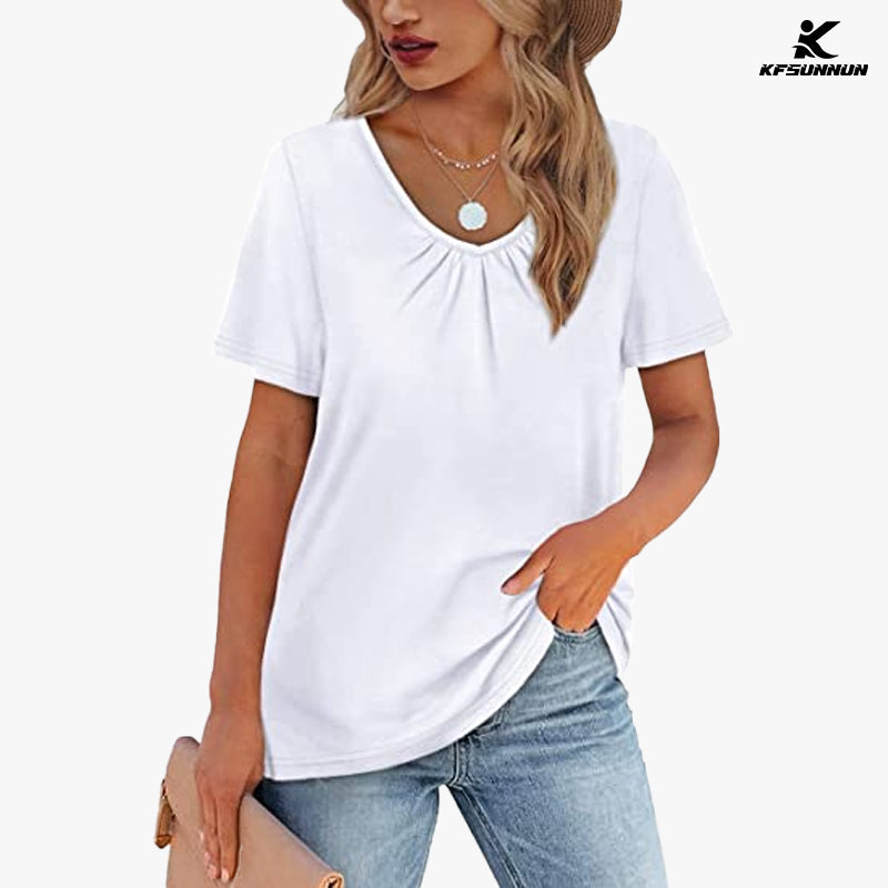 KFSUNNUN Women's Shirred V-Neck T-Shirts Short-Sleeve Casual Summer Tops