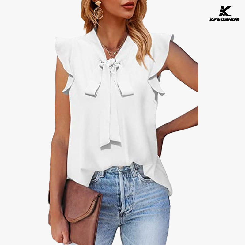 KFSUNNUN Womens Tie Neck Chiffon Blouses Summer Causal Ruffle Trim Sleeveless Tops T-Shirts