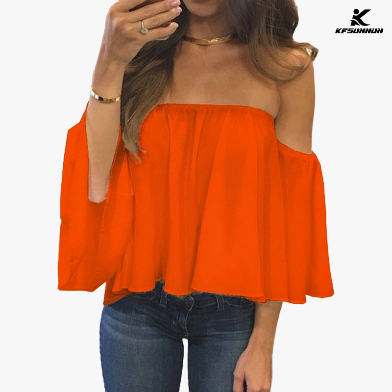 KFSUNNUN Women Summer Off Shoulder Chiffon Blouses Ruffles Short Sleeves Sexy Tops Casual T-Shirts