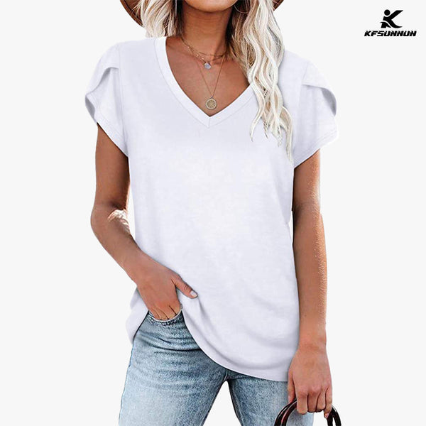 KFSUNNUN Womens Tops V Neck Summer Petal Sleeve Casual T-Shirts