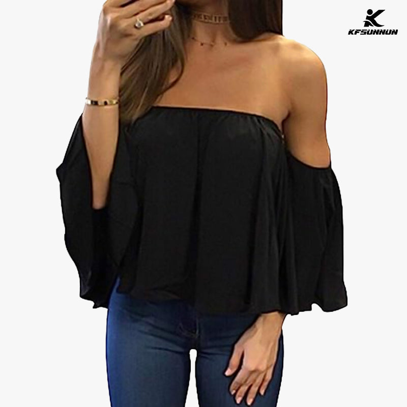 KFSUNNUN Women Summer Off Shoulder Chiffon Blouses Ruffles Short Sleeves Sexy Tops Casual T-Shirts