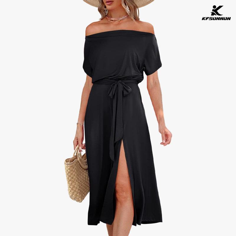 KFSUNNUN Women's Summer Dress Off Shoulder Short Sleeve Tie Waist Split Midi Dress