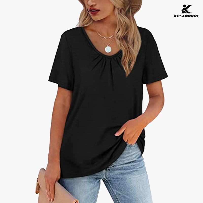 KFSUNNUN Women's Shirred V-Neck T-Shirts Short-Sleeve Casual Summer Tops