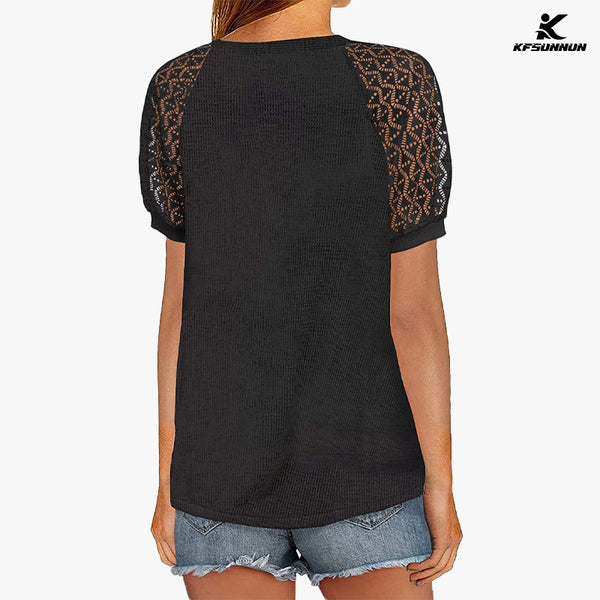 KFSUNNUN Women's Lace Short Sleeve V Neck Shirts Loose Casual Tops T-Shirts