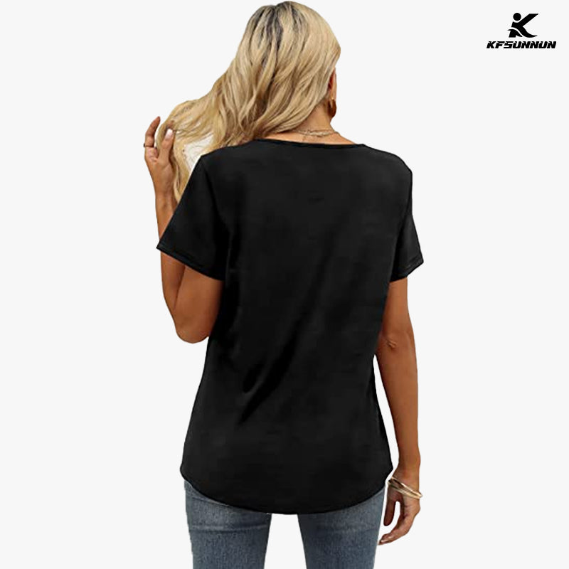 KFSUNNUN Women's Shirred V-Neck T-Shirts Short-Sleeve Casual Summer Tops